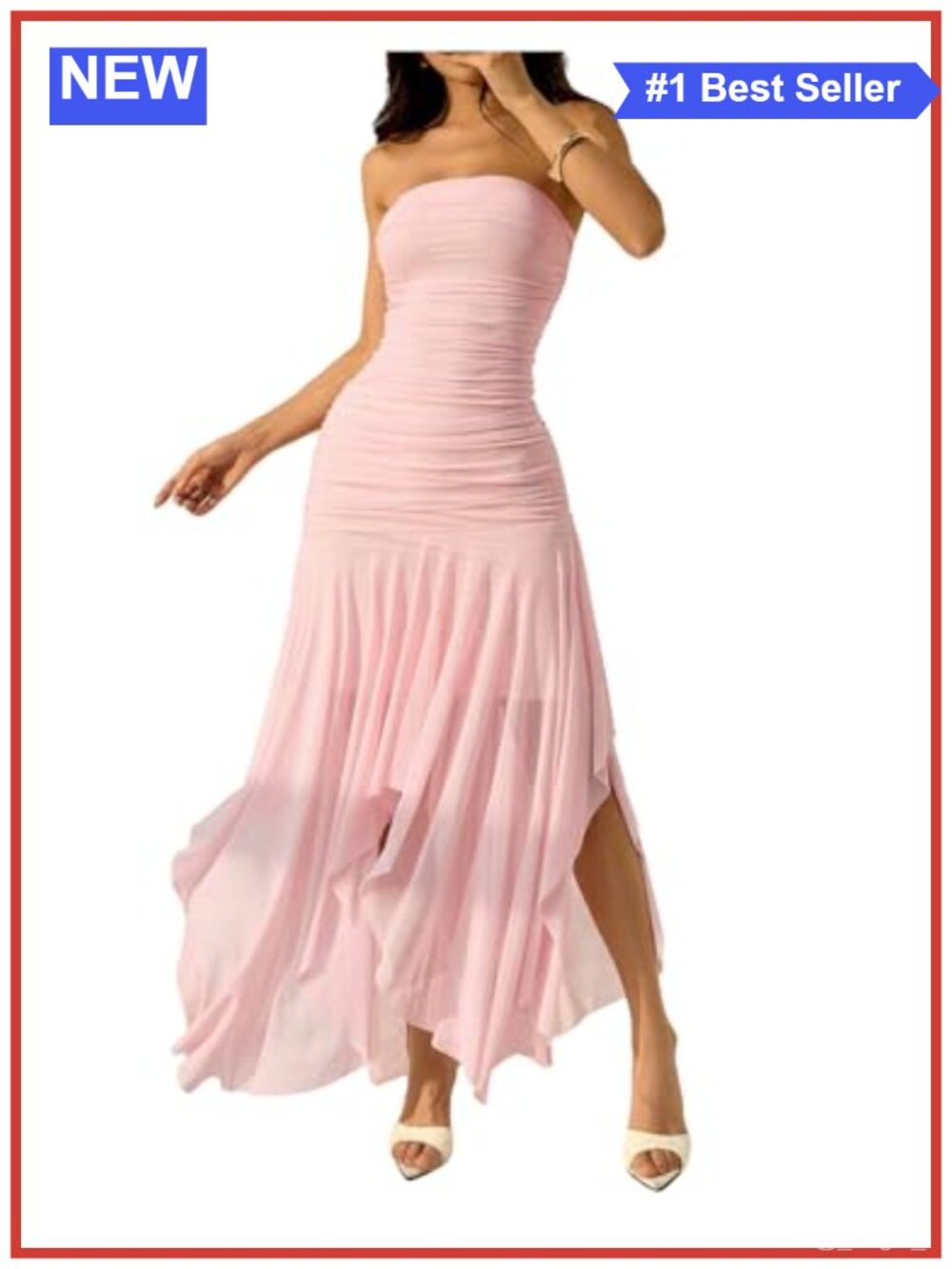 Women Strapless Maxi Dress Asymmetrical Hem Backless Ruffle Swing Formal Party